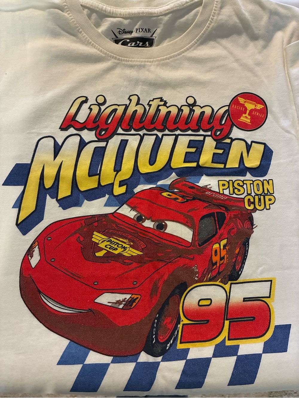 Disney White Lightning McQueen Piston Cup Tee - Red, Yellow, Blue NWOT
